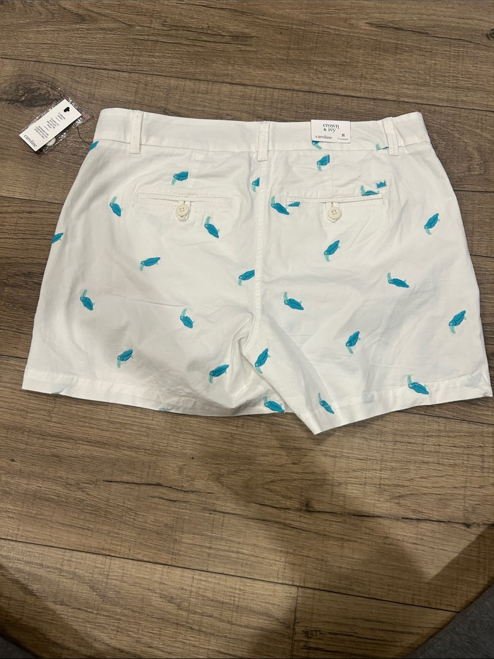 White Shorts with Teal Embroidered bird- Women's Casual Shorts - Picture 2 of 6